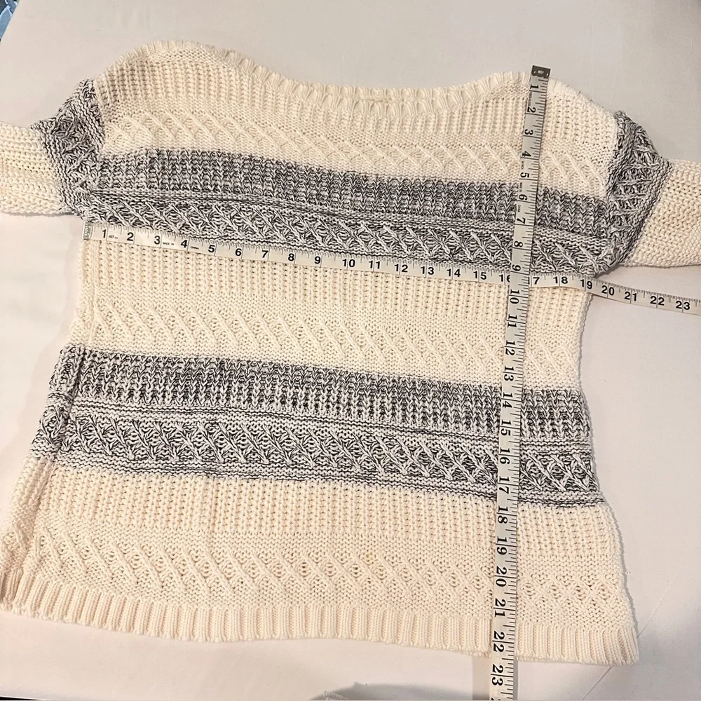 Garnet Hill Organic Cotton Cream and Gray Striped Long Sleeve Boatneck Sweater L